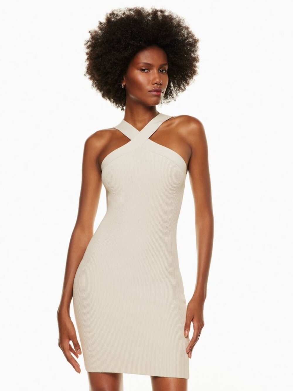 Aritzia Babaton Sculpt Knit Criss Cross Halter Mini Dress Beige Small
